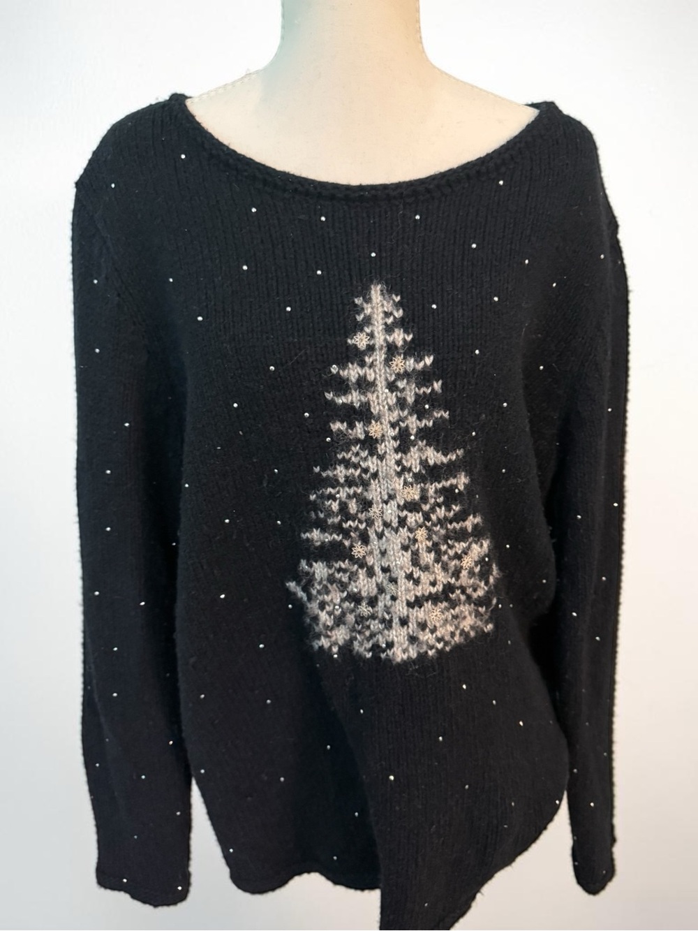 J. Jill Wool Blend Black Crewneck Sweater with Winter Motif Sz Large
